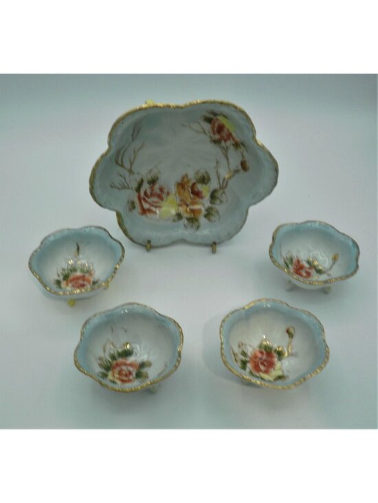 Nippon Other - Nippon Footed Bowl Set 5 Pieces Fruit Nut Hand Painted Floral Design Vintage